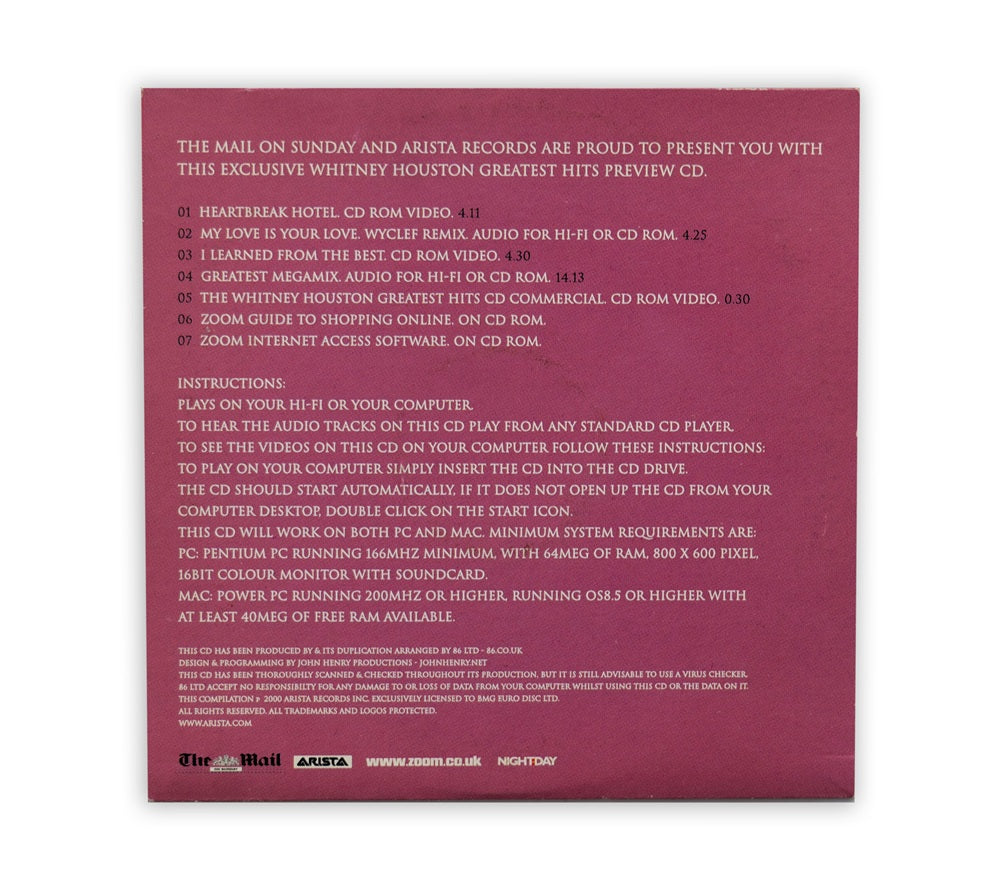 Whitney Houston - Greatest Hits The Mail On Sunday Preview CD - UK