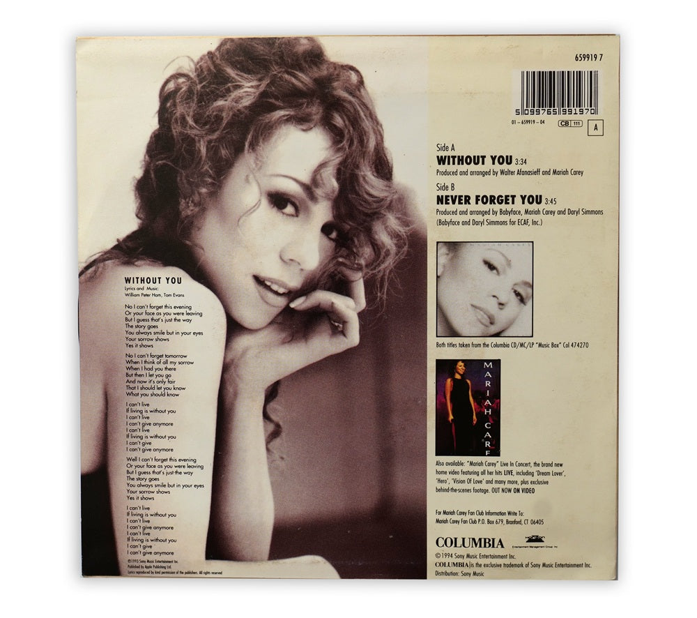 Mariah Carey - Without You & Never Forget You 7" Single - UK
